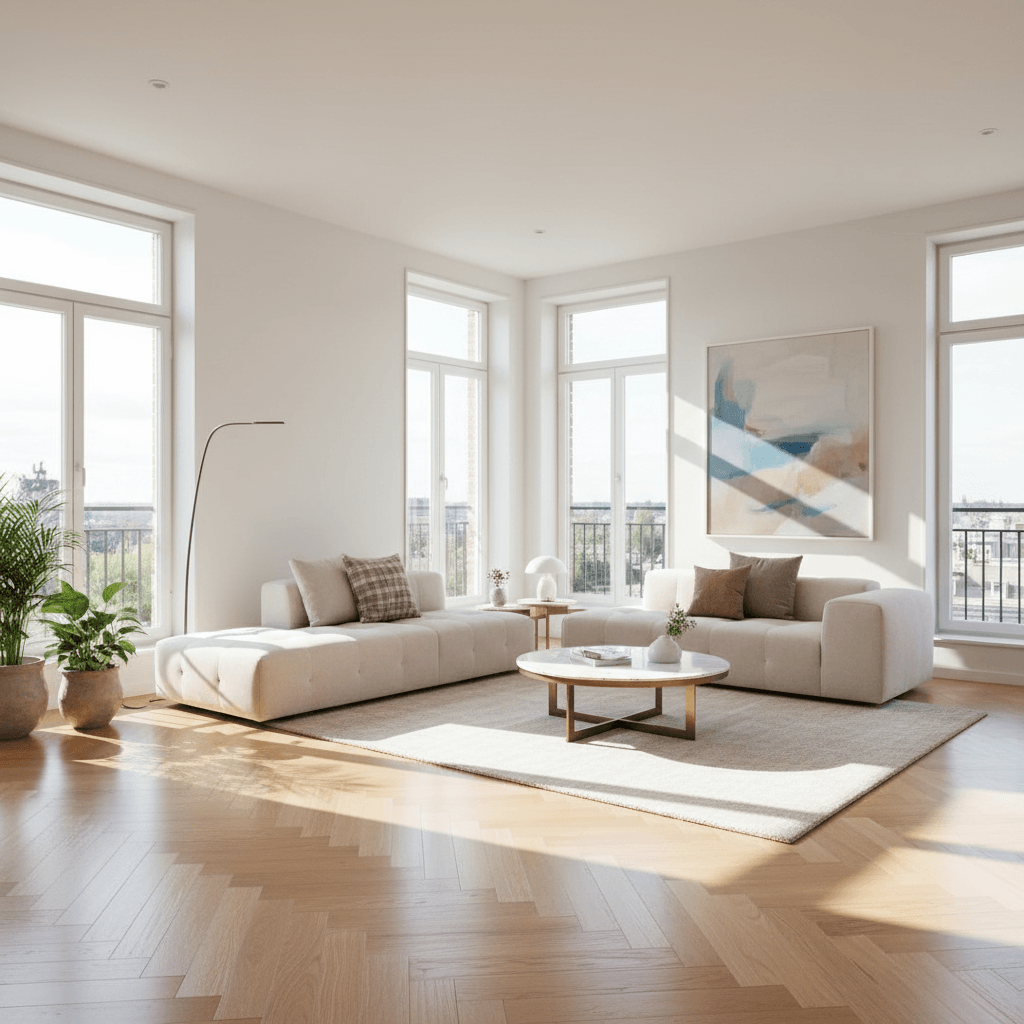 Helles Wohnzimmer mit hochwertigem Parkett